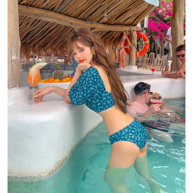 Bikini cổ vuông tay phồng hot trend nhún ngực hàng Quảng Châu - Xanh retro