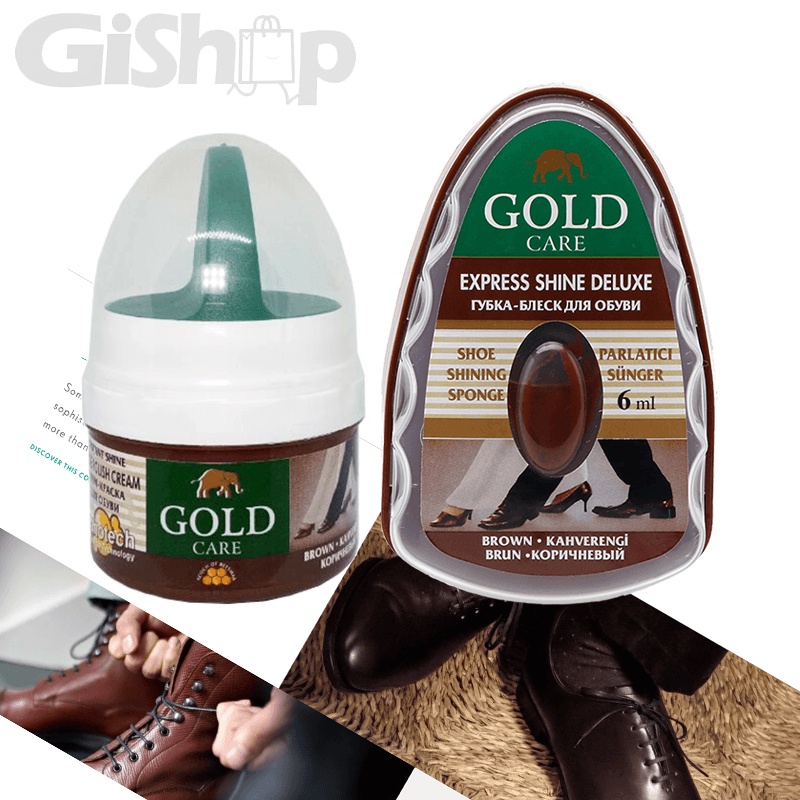 Combo Chăm Sóc Giày Da Cao Cấp GoldCare Xi Kem GC1001 và Xi Mút Đánh Bóng Giày GC4017 Màu Nâu Đậm