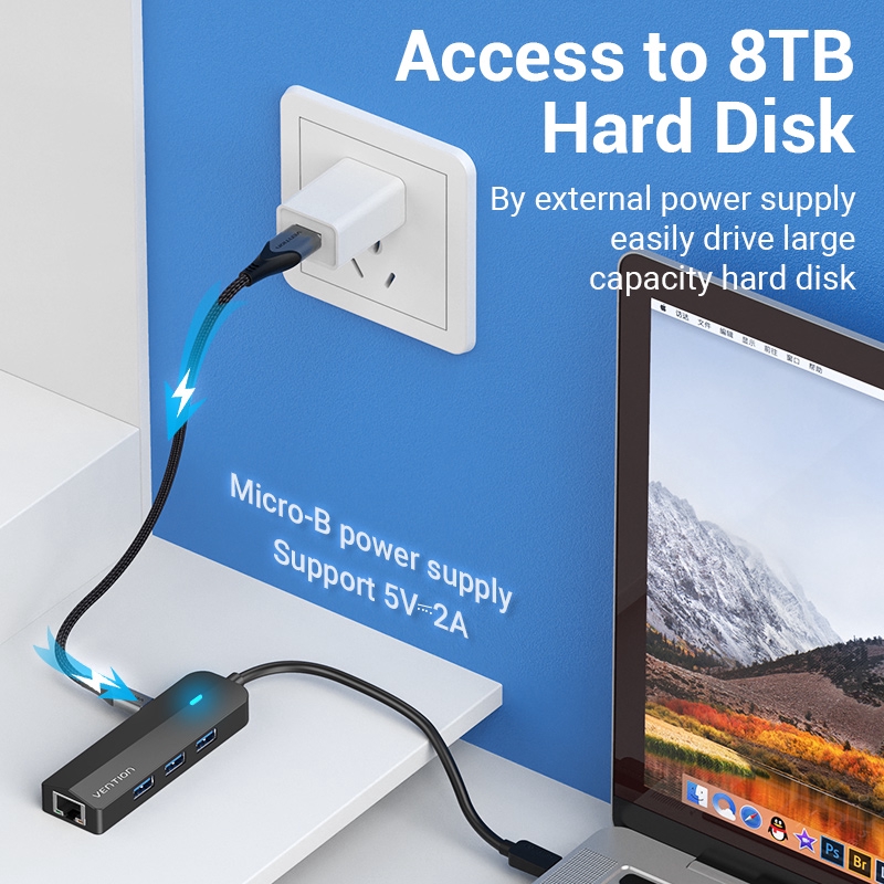 Thiết bị kết nối đa cổng VENTION cho laptop 5 trong 1 từ USB type C sang USB 3.0/ cổng mạng RJ45 /Micro-B