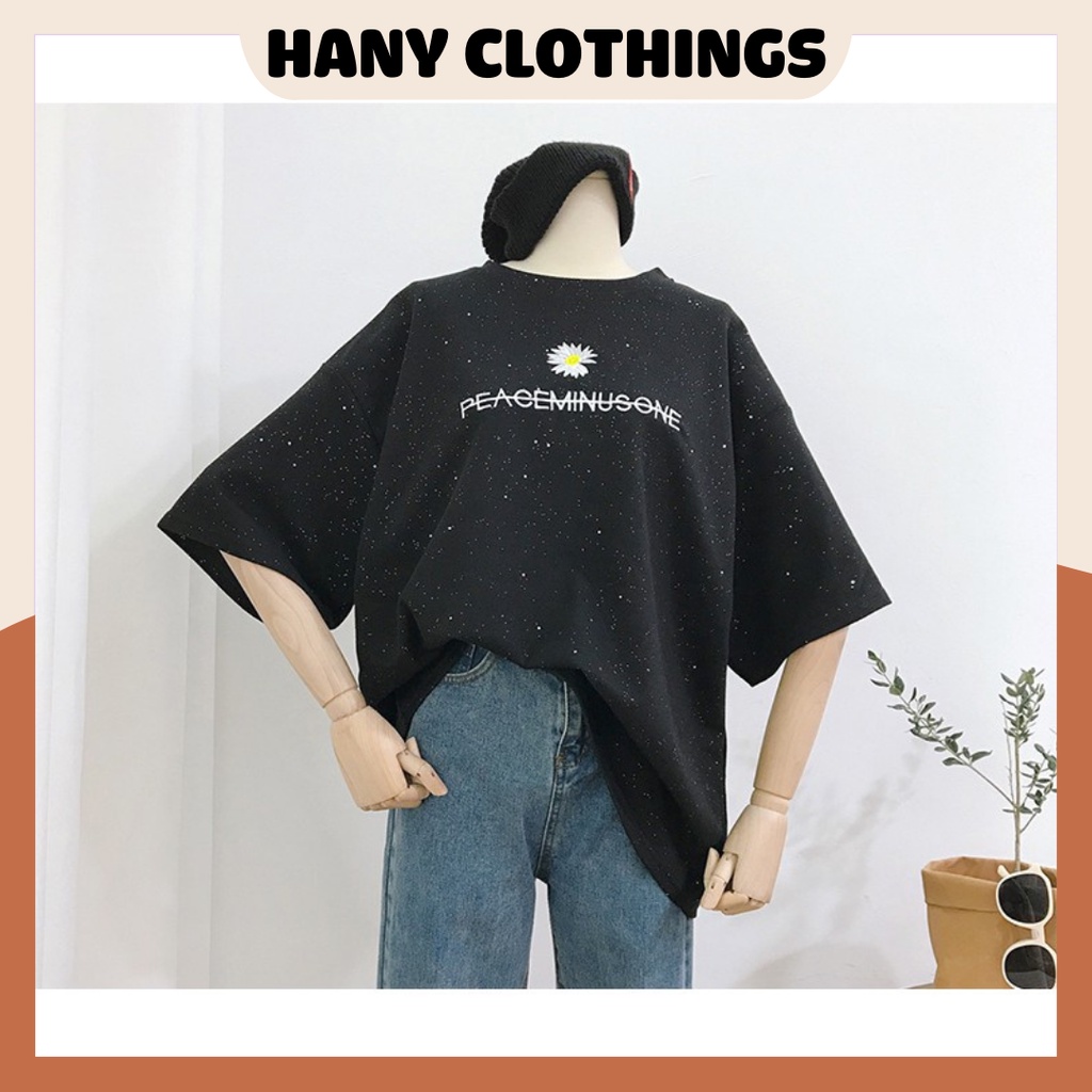 Áo thun rộng tay lỡ nam nữ unisex nhũ thêu hoa cúc HANY CLOTHINGS G004 màu ĐEN