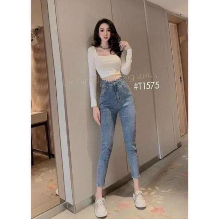 Quần jean cạp cao túi nắp 2 màu xanh đậm xanh nhạt chất jean đẹp thời trang Banamo Fashion 763