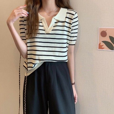 Áo Len Nữ Ngắn Tay Cổ Chữ v Kẻ Sọc Ngang Thời Trang Hàn Mới