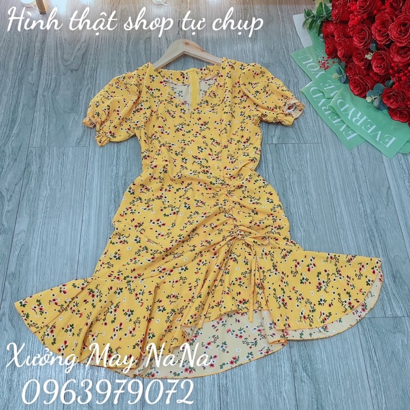 Đầm hoa nhí tay phồng rút dây