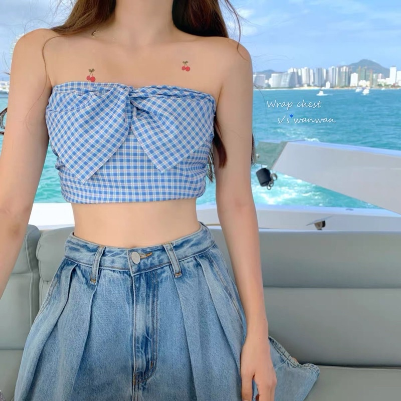 áo quây thô kẻ xanh nơ ngực