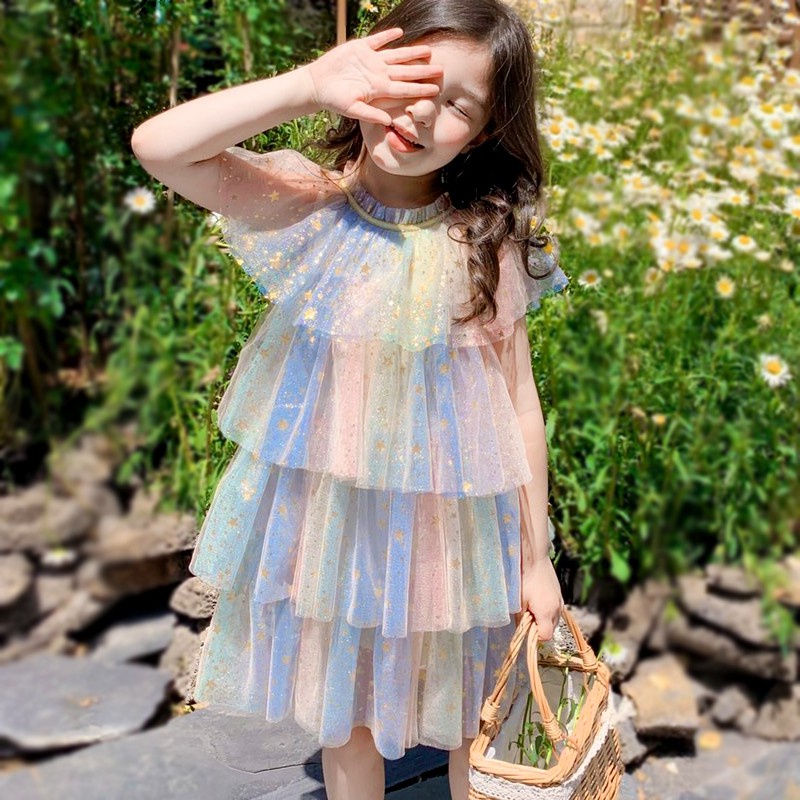 Đầm Công Chúa Phối Ren Đính Kim Sa Ngôi Sao Lấp Lánh Dành Cho Bé Gái 3-8 Tuổi