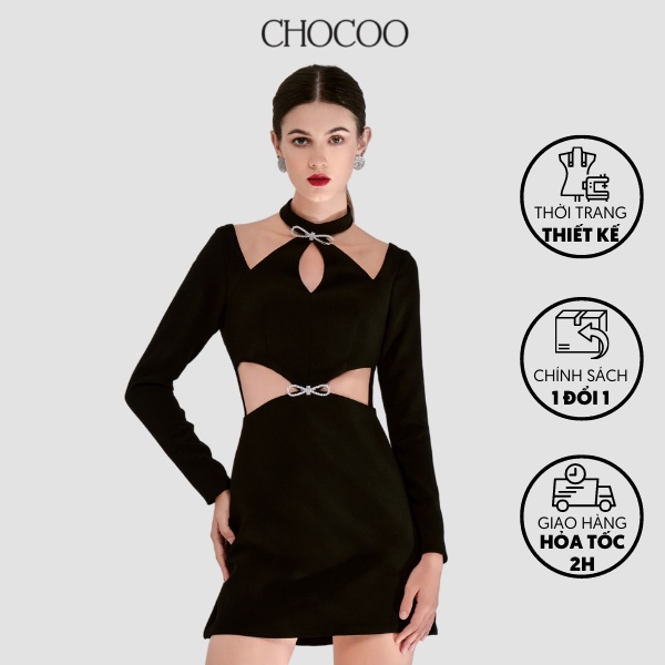 Đầm dài tay CHOCOO Safira Midi Dress thiết kế hở eo và lưng vải mịn dày màu đen