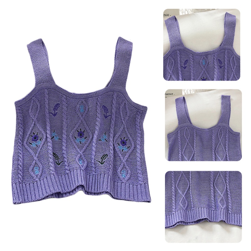 Áo Croptop Dệt Kim Không Tay Thêu Hoa Màu Sắc Ngọt Ngào Phong Cách Hàn Quốc Cho Nữ