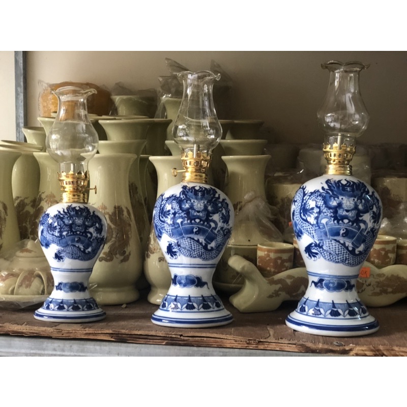 Đèn Dầu Thờ Men Lam Vẽ Rồng Bát Tràng