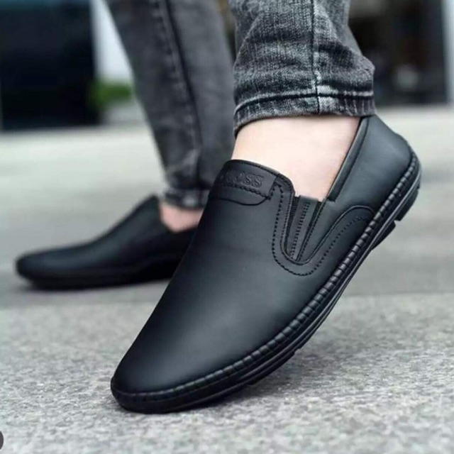 giầy lười mọi khâu chữ đen nam