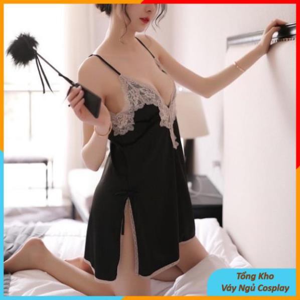 Váy ngủ 2 dây cosplay sexy chất liệu phi lụa cao cấp phối ren vạt xẻ, đầm ngủ sexy gợi cảm vl1786 TKVN