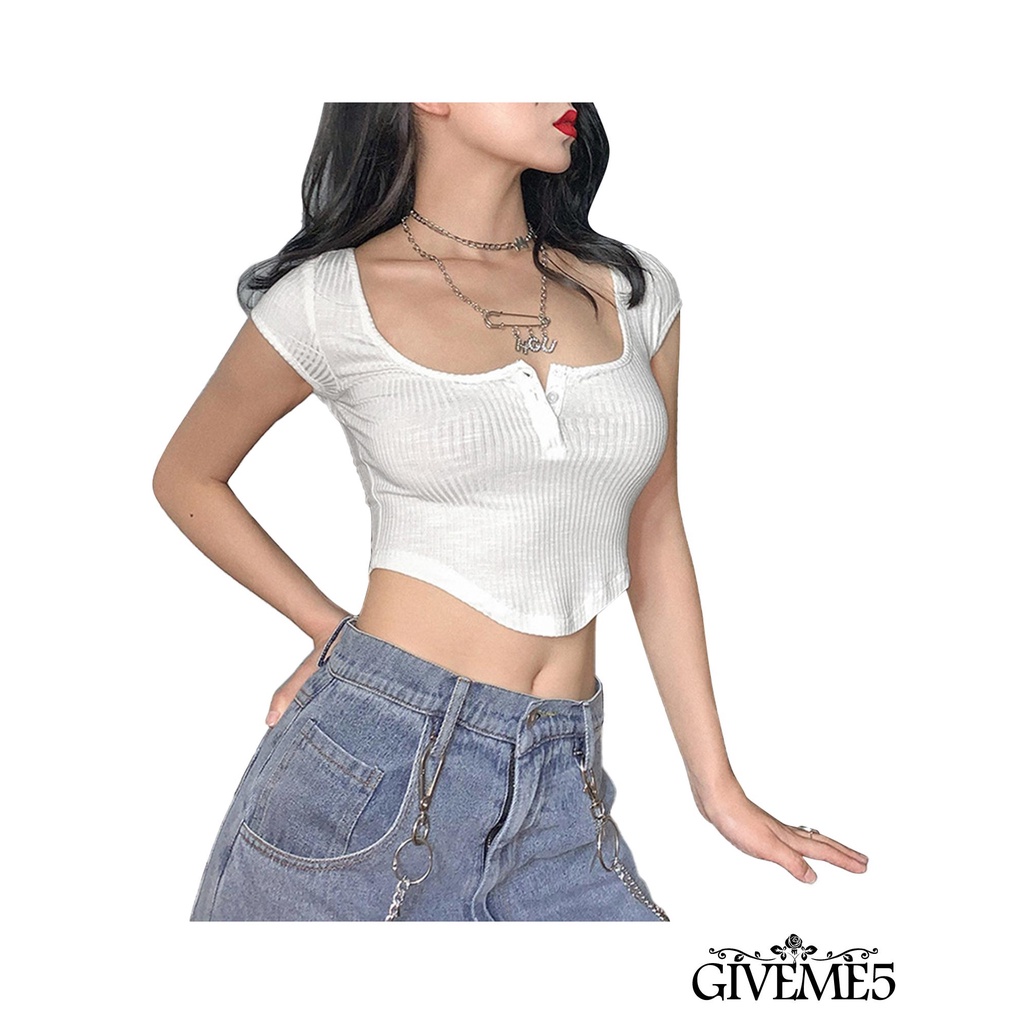 Áo Lửng Ngắn Tay Đính Nút Gợi Cảm Cho Nữ