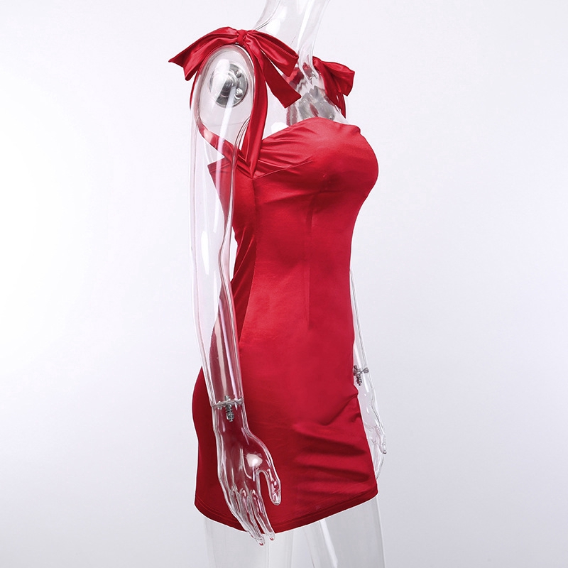 Sexy Women Knot Sling Plain Off Shoulder Sleeveless Casual Midi Dress