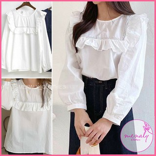 Áo sơ mi trắng hàn quốc dài tay AH020, mẫu áo sơ mi kiểu dáng rộng tay bồng dài cổ tròn bèo ngực vintage