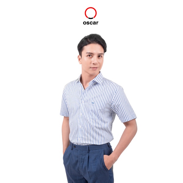 Áo sơ mi nam công sở Oscar Pierre Cardin tay ngắn, sọc caro, thấm hút tốt - OCMSC 048