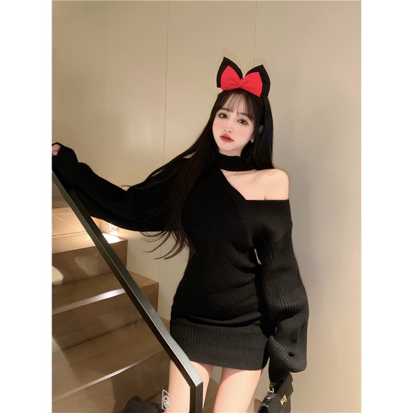 Đầm len lệch vai nữ gợi cảm dài tay