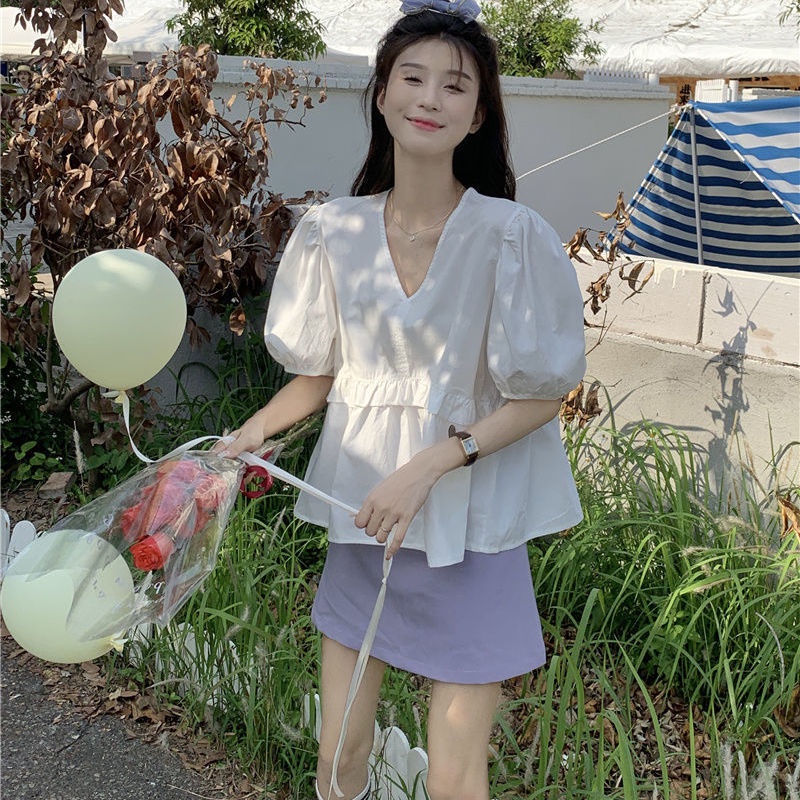 SUXI Áo Sơ Mi Tay Phồng Ngắn Cổ Chữ V Màu Sắc Ngọt Ngào Thời Trang Mùa Hè Cho Nữ