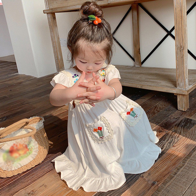 Đầm thêu hoa tay cánh tiên phong cách mùa hè cho bé gái
