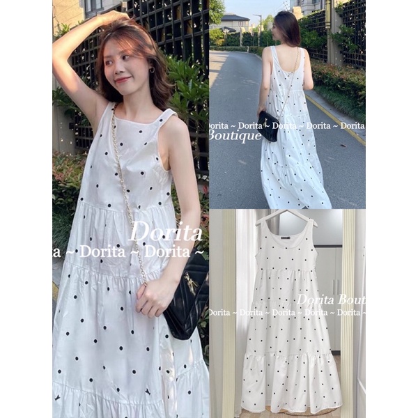 Váy chấm bi 2 lớp dáng xòe, Đầm chấm bi dáng dài Hàn Quốc - Dorita Boutique