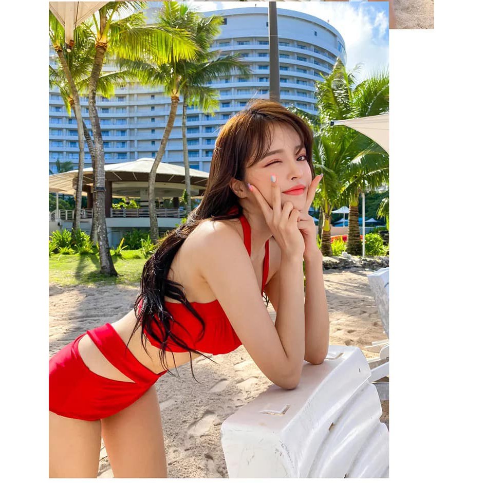 (Mẫu mới 2022) Đồ bơi hai mảnh, bikini Hàn Quốc màu đỏ sáng da, áo nâng gọng mút, quần cạp cao che bụng