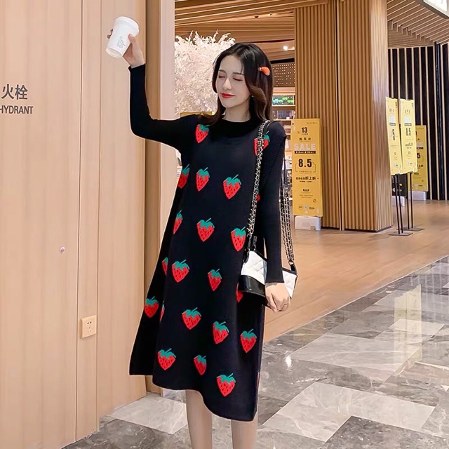 Set len áo+ váy quả dâu siêu xinh cho bà bầu(hàng quảng châu)sẵn set đen