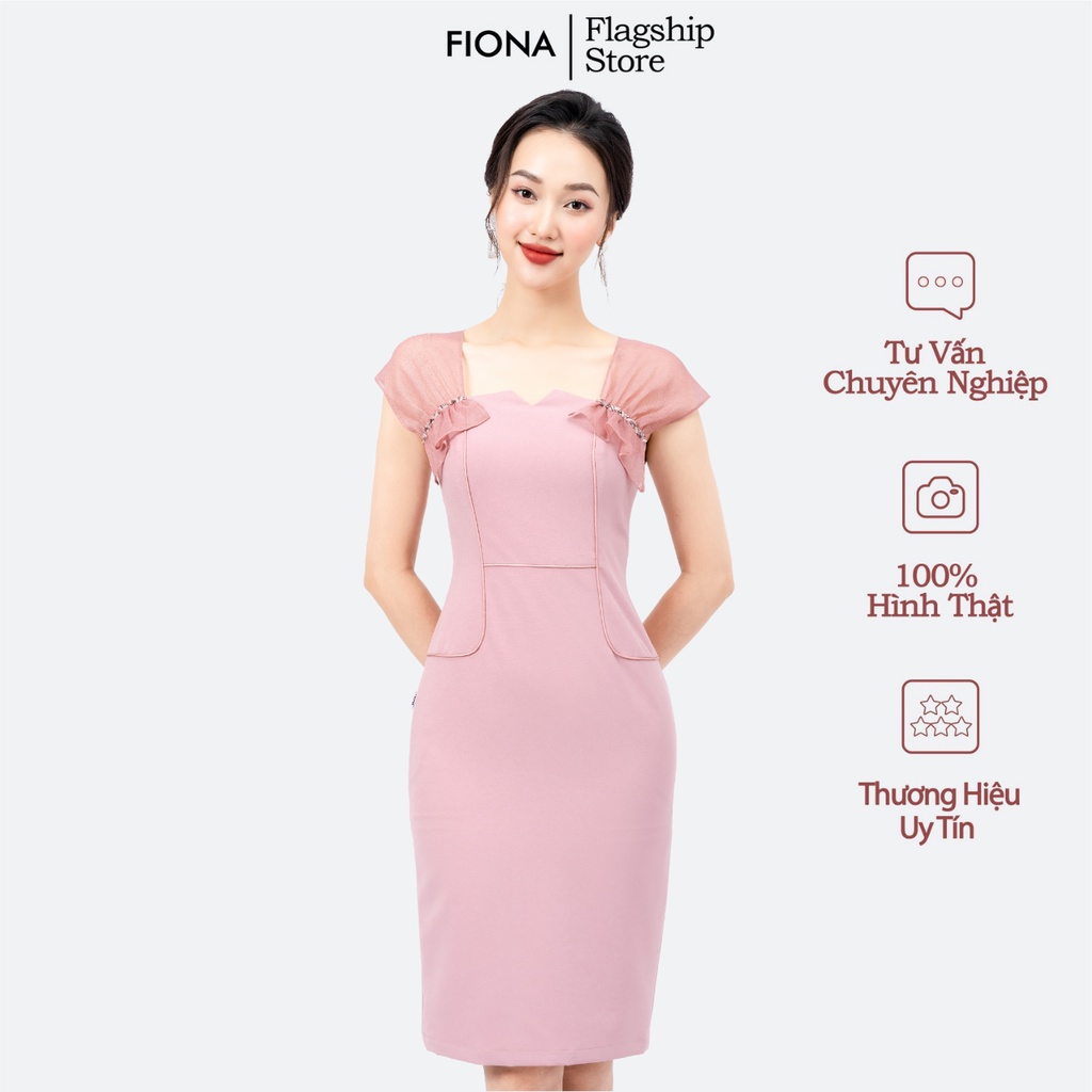 Đầm ôm sát nách FIONA, Váy body nữ phối voan đính đá trang trí F451015