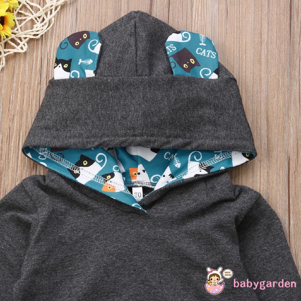 Áo hoodies có tai có quần dài in hình mèo con dễ thương cho bé