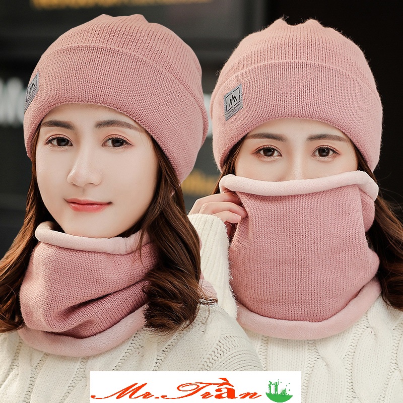Mũ len kèm khăn quàng cổ ấm áp khi đi xe đạp xe máy nón len mùa đông mã TAM SAN