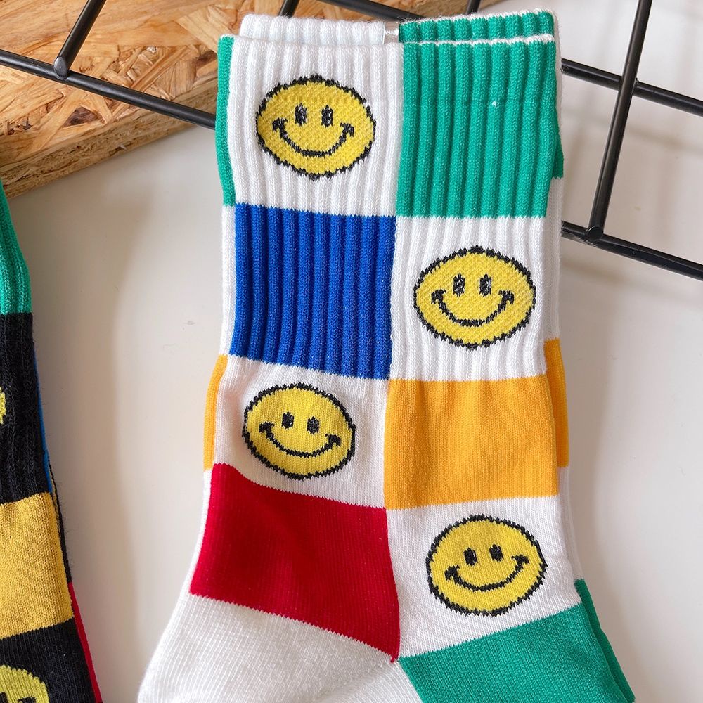 Vớ cotton cổ trung thoáng khí in hình mặt cười nhiều màu thời trang cho nữ
