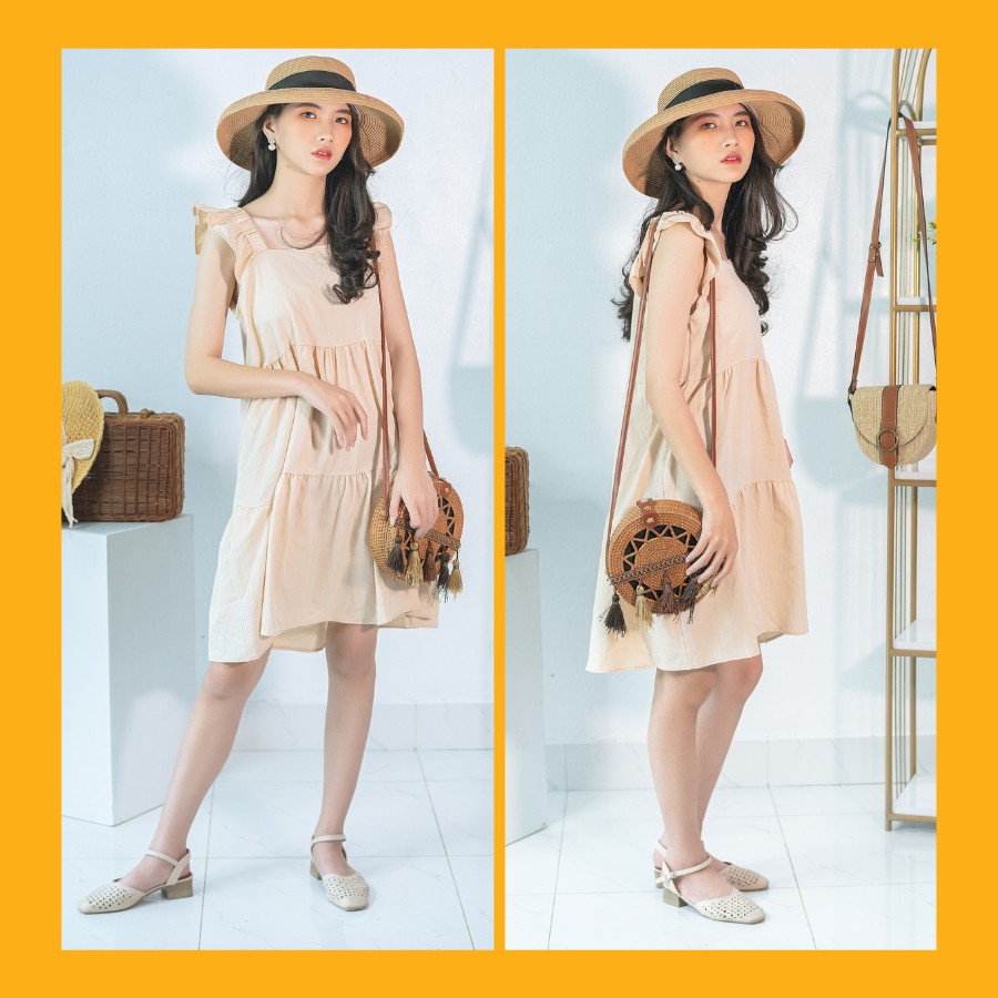 Váy babydoll đũi dáng dài cổ vuông cánh tiên 3 màu trắng nâu be hàng cao cấp | BigBuy360 - bigbuy360.vn