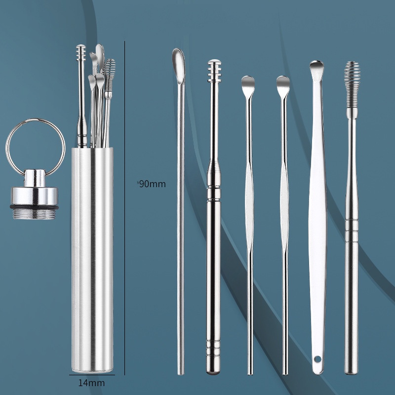 BỘ DỤNG CỤ LẤY RÁY TAI 6 MÓN inox kèm hộp (hộp tròn trắng)