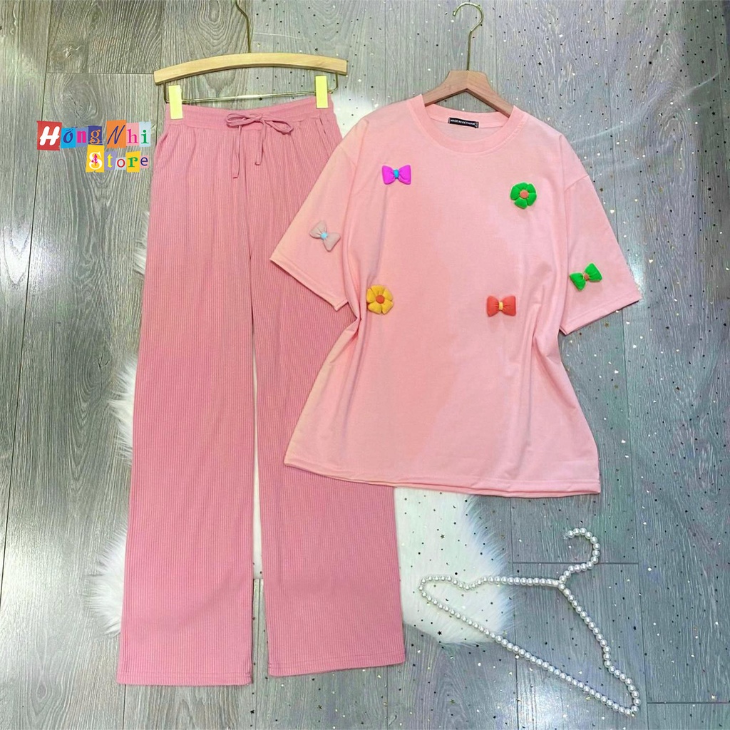 Set Bộ Thun Nơ Hoa Nổi Tay Lỡ Phối Quần Thun Gân Ống Rộng Oversize Ulzzang Dáng Rộng - MM