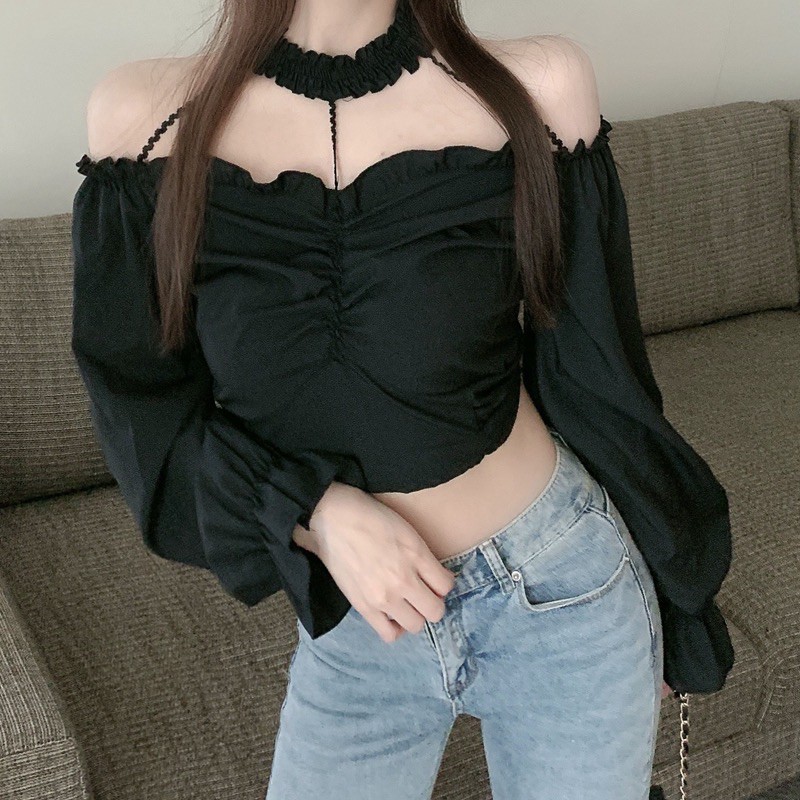 [Sale có sẵn+ảnh thật] Áo sơmi croptop mix choker cá tính mẫu 2021