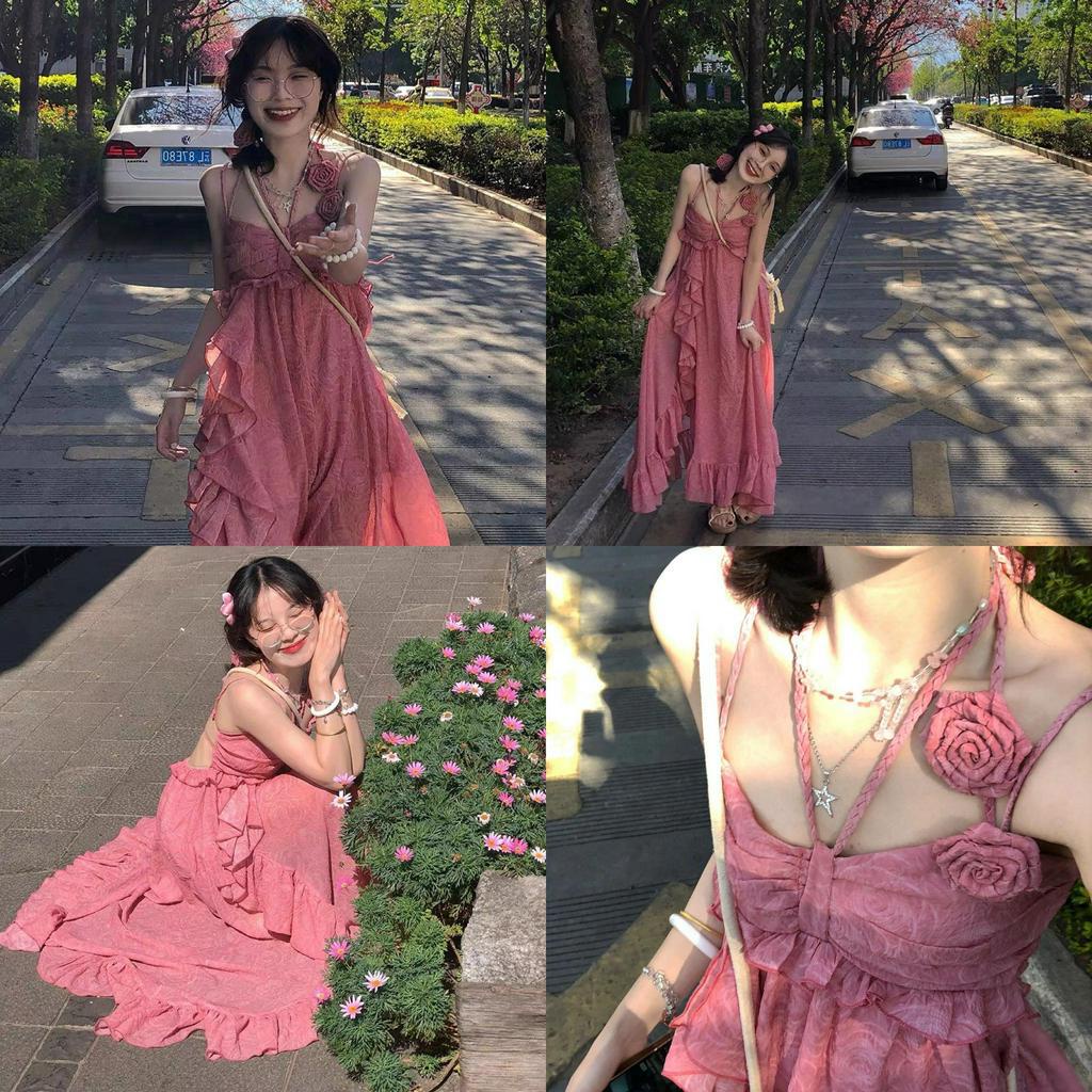 ĐẦM MIDI HỒNG DÂY TẾT CHÉO VIỀN BÈO XÉO