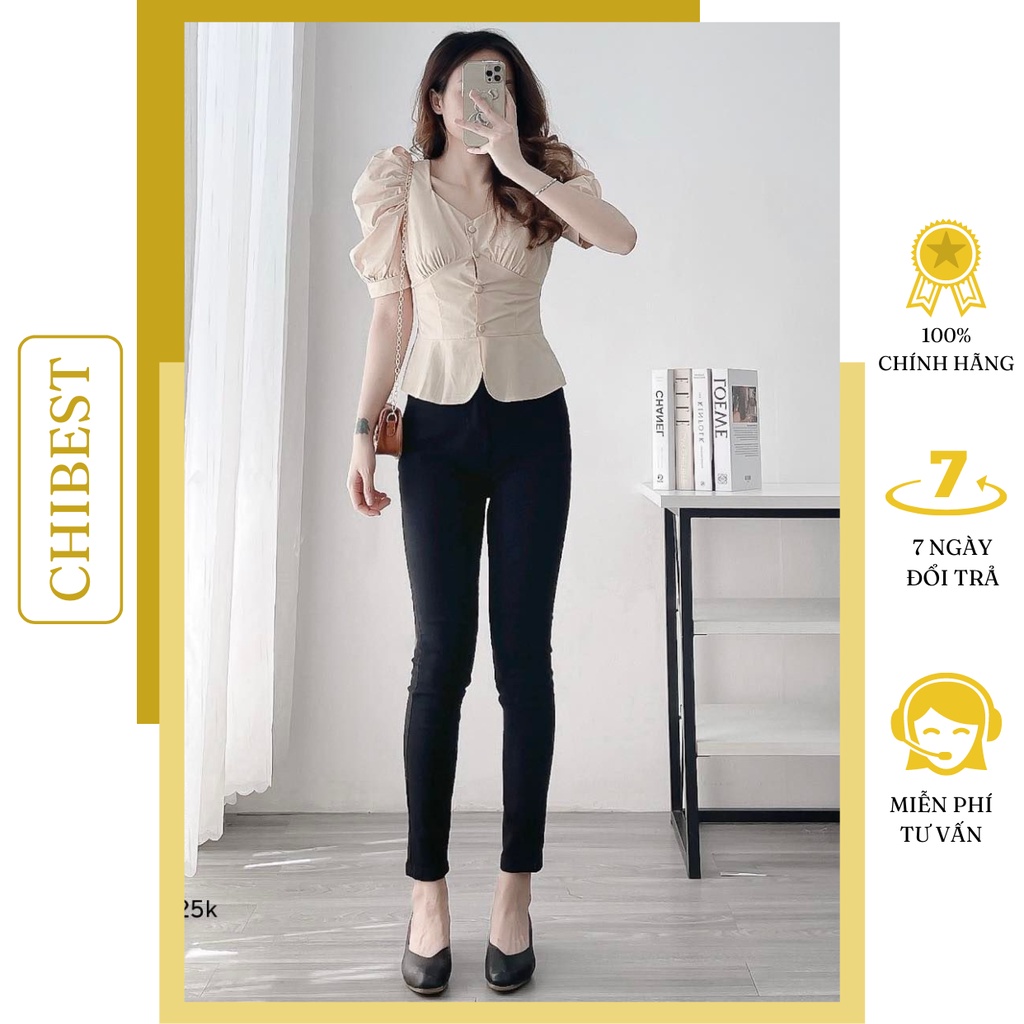 Áo peplum nút bọc phối tay nhún phồng vạt bầu chất liệu vải kate CHIBEST DAB63