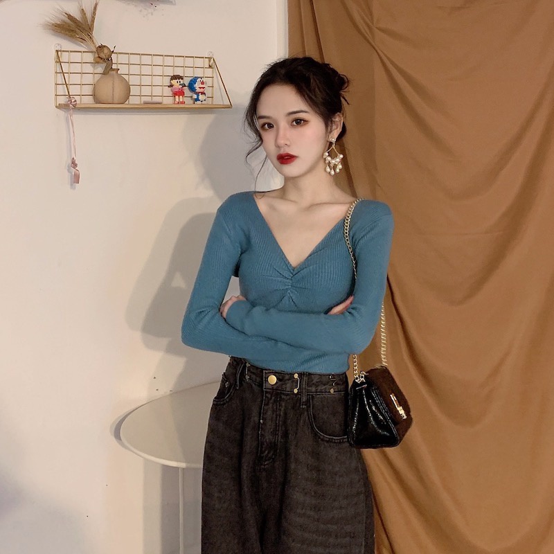 Áo Sweater Tay Dài Cổ Chữ V Form Ôm Phong Cách Hàn Quốc Dễ Phối Đồ Với 8 Màu Lựa Chọn | BigBuy360 - bigbuy360.vn