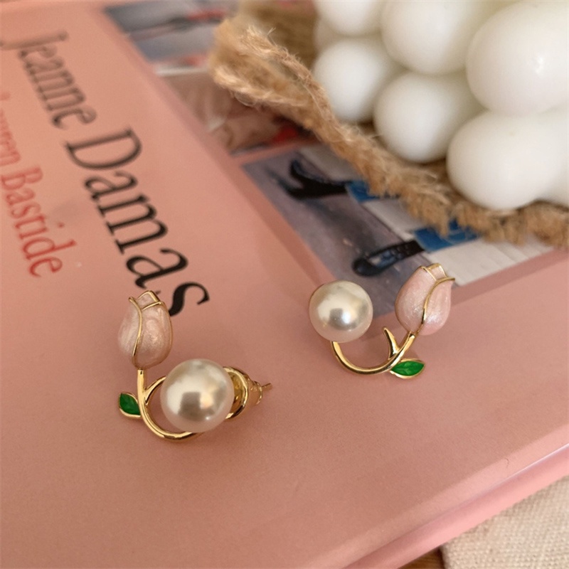 Bông Tai Hoa Tulip Đính Ngọc Trai Hồng Xinh Xắn Thời Trang