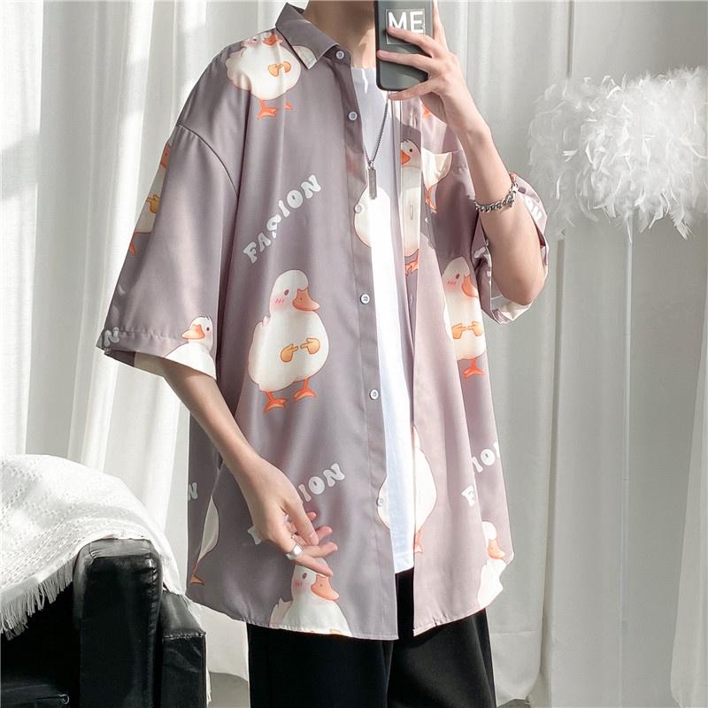 Áo Sơ Mi Tay Ngắn Dáng Rộng In Hình Chú Vịt Hoạt Hình Dễ Thương Thời Trang Mùa Hè Phong Cách Hàn Quốc Cho Nam 2022