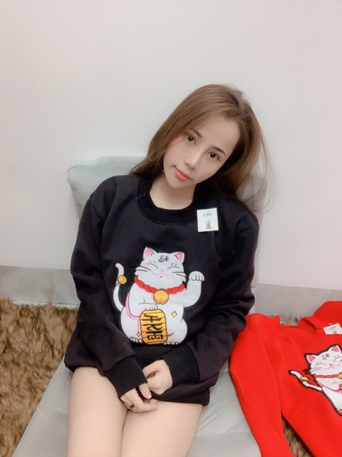 [Ảnh thật lên sóng] Áo sweater hàng loại 1 mèo may mắn Maneki Neko- Có 2 màu | BigBuy360 - bigbuy360.vn