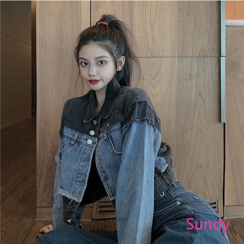 Áo Khoác Denim Tay Dài Dáng Rộng Màu Sắc Vintage Dành Cho Nữ