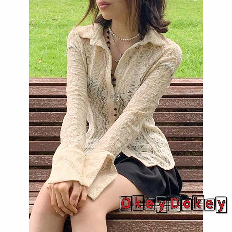 Áo sơ mi tay dài ống loe phối ren dáng ôm thời trang cho nữ