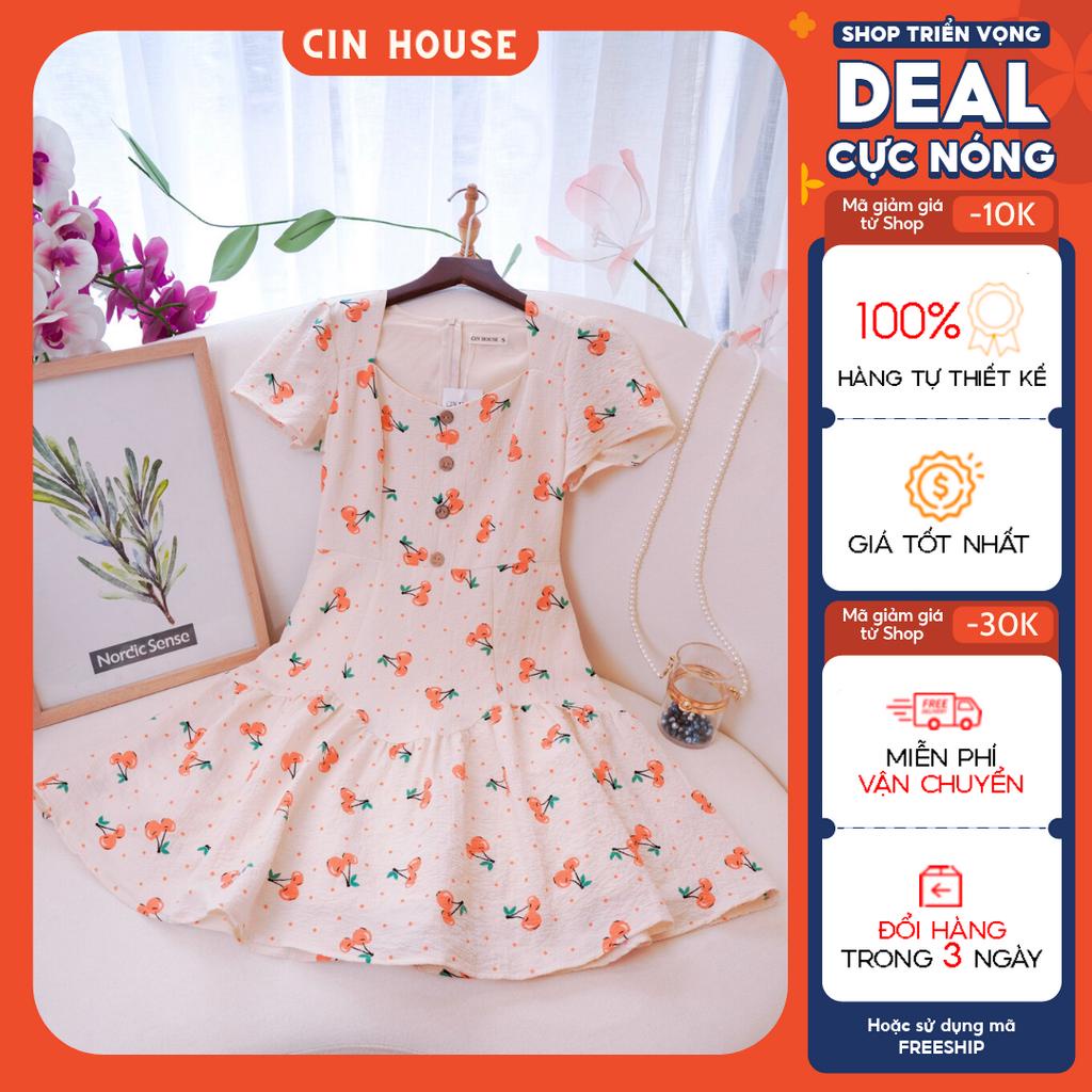 Đầm xòe đuôi cá họa tiết Cherry trẻ trung hack dáng C105 CIN HOUSE