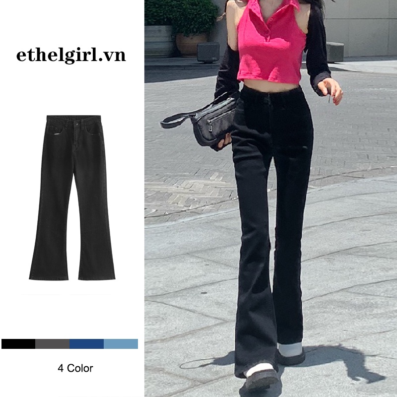 Quần denim Nữ Ống Loe Lưng Cao 4 Màu