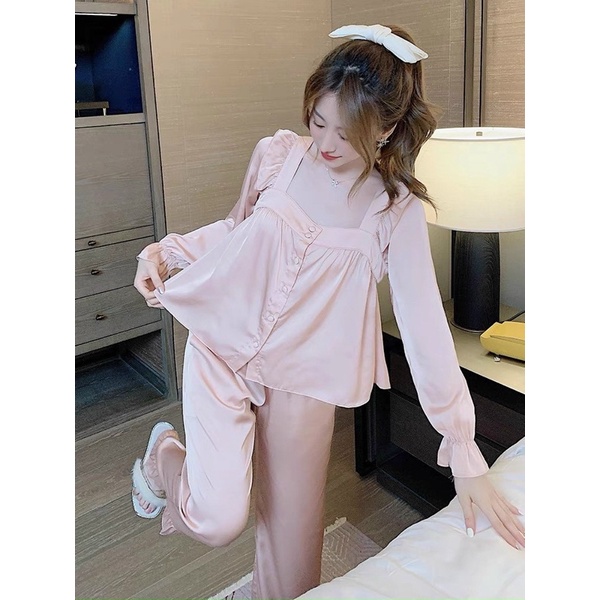BỘ PIJAMA LỤA SATIN CAO CẤP HỒNG CỔ VUÔNG