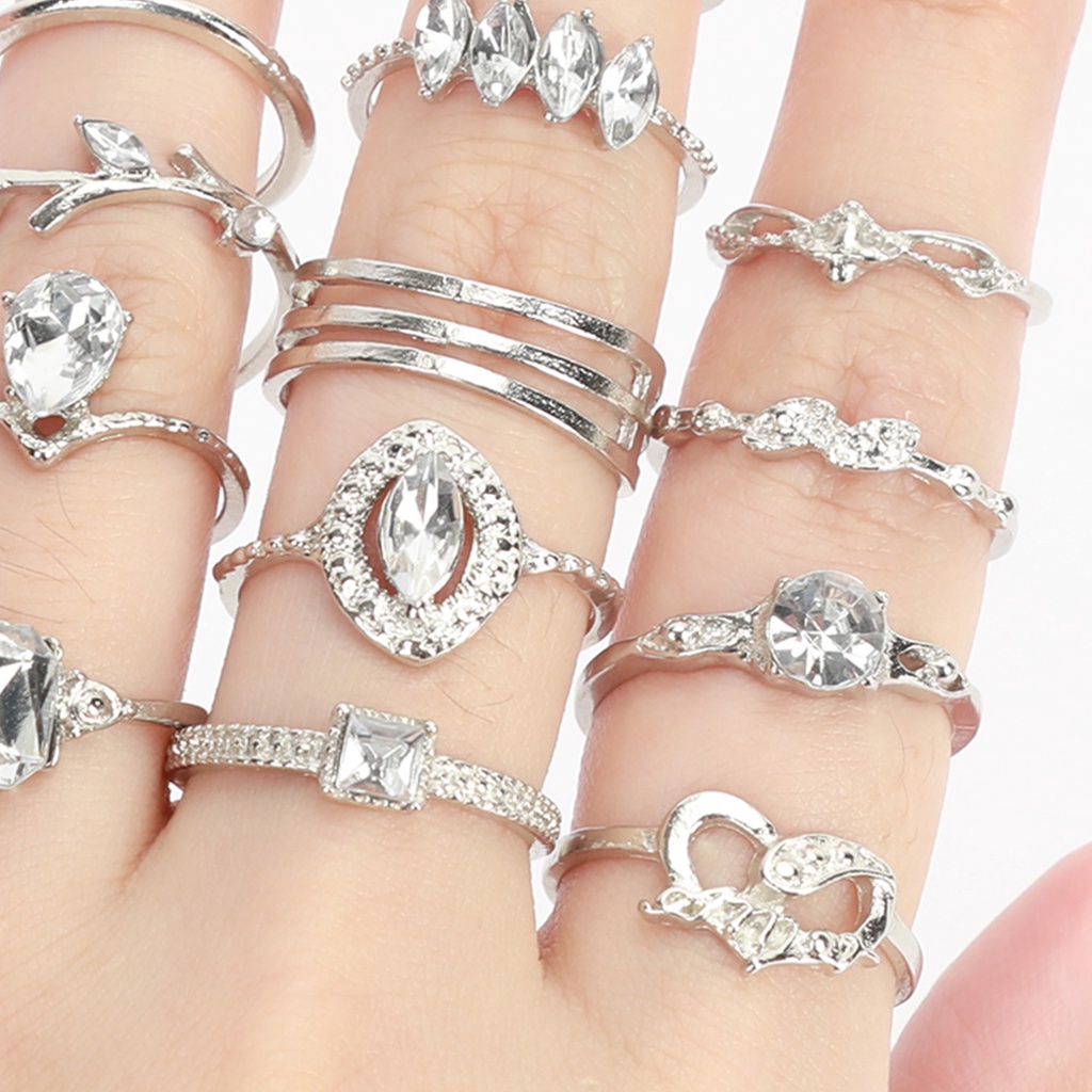 15 nhẫn hợp kim đính kim cương nhân tạo phong cách bohemian