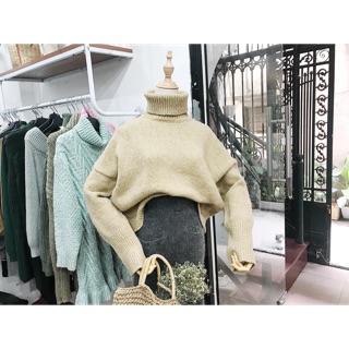 Áo len cổ cao màu vàng muối tiêu