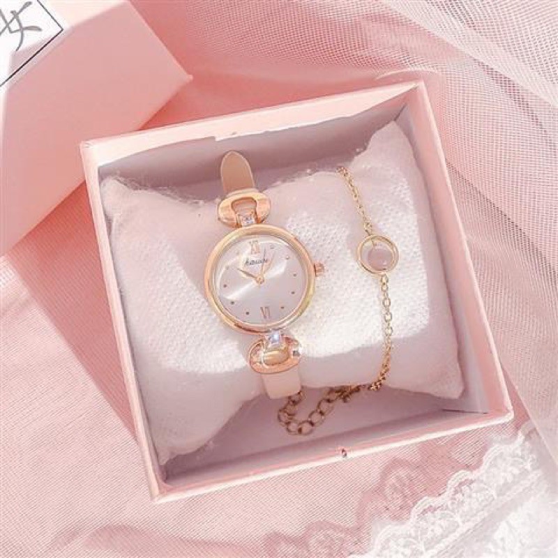 (Tặng pin, hộp quà) Đồng hồ nữ Ulzzang dây da kim cương / Mặt tròn