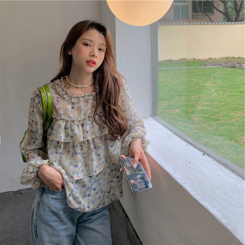 Xiaozhainv Long-sleeved sunscreen top Korean style small fresh floral lotus leaf chiffon shirt