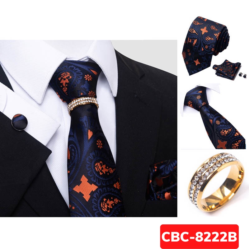 Bộ Cà vạt 4 món gồm Cavat 8cm, khăn cài túi, Măng-set, Nhẫn tròn phụ kiện, Cravat chú rể, Calavat công sở CBC-8222