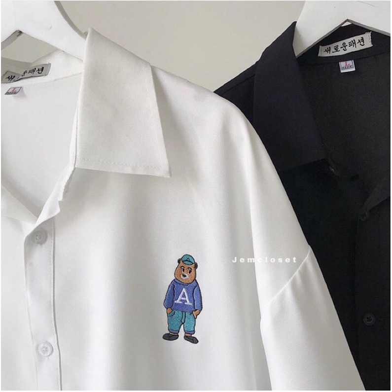 [Mã 11FASHIONSALE1 giảm 10K đơn 50K] Áo Sơ Mi nữ MRA cổ bẻ tay ngắn - dáng rộng Unisex - thêu gấu bông đáng yêu | BigBuy360 - bigbuy360.vn