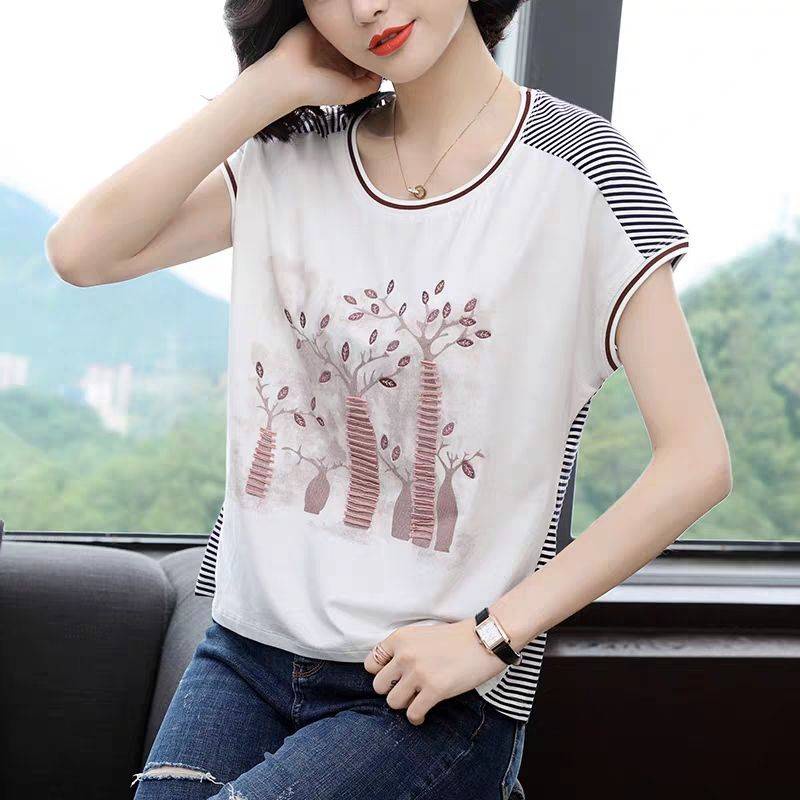 Áo Thun Tay Ngắn Cổ Tròn Hoạ Tiết Kẻ Sọc Có Size Lớn Cho Phái Nữ